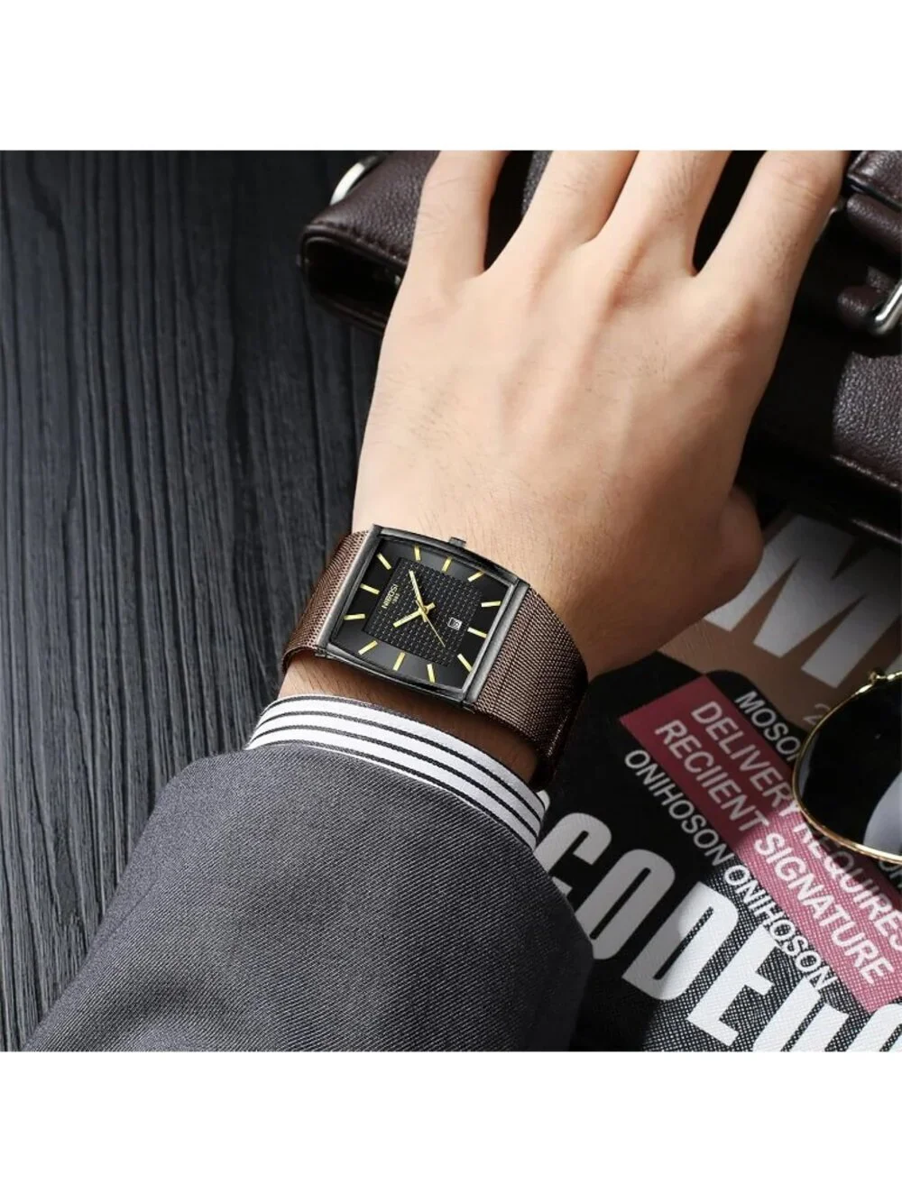 Nibosi Men's Brown Black Square Analog Quartz Stainless Mesh Waterproof Watch